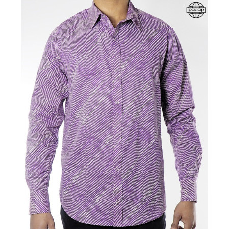 chemise cintrée violette a rayures col français boutonnée en coton