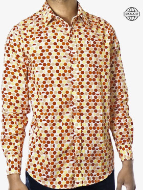 Chemise Homme Eté Imprimé à Pois Orange Marron Crème Col Italien 100% Coton Marque Française Responsable