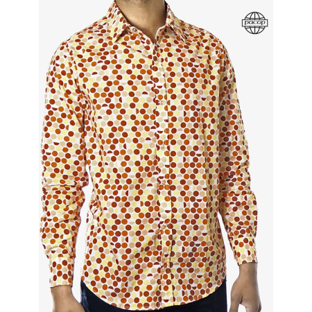 Chemise Homme Eté Imprimé à Pois Orange Marron Crème Col Italien 100% Coton Marque Française Responsable