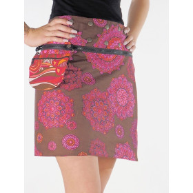 jupe été transformable ave pochette ceinture imprimé mandala rose sur fond marron avec boutons pression, jupe portefeuille