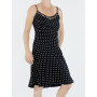 robe midi, robe cintrée, robe noire imprimé pois, robe décolleté, robe en viscose, robe taille élastiquée, robe fines bretelles