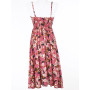 Robe Longue Rouge Col Ajouré Imprimé Floral Fines Bretelles - MILA