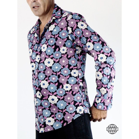 Chemise violette vintage originale homme imprimé fleurs.