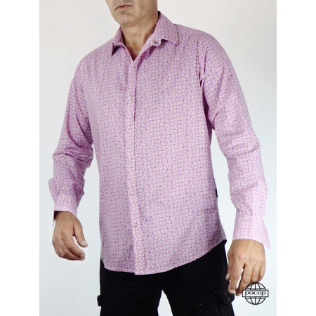 Chemise Homme Bouton Pression Imprimé Géométrique Classique Rose 100% Coton Marque Française