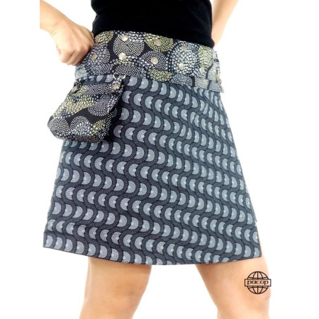 jupe été transformable ave pochette ceinture imprimé avec boutons pression, jupe portefeuille gris bleue imprimé ethnique