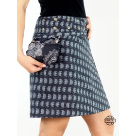 jupe coton taille unique ceinture amovible zippée, jupe convertible réversible à motif à ethnique gris sur fond noir
