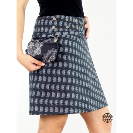 jupe coton taille unique ceinture amovible zippée, jupe convertible réversible à motif à ethnique gris sur fond noir