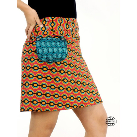 jupe été transformable ave pochette ceinture imprimé ethnique  avec boutons pression, jupe portefeuille orange
