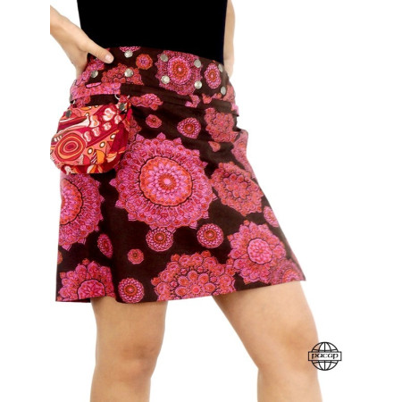 jupe été transformable ave pochette ceinture imprimé mandala avec boutons pression, jupe portefeuille rose