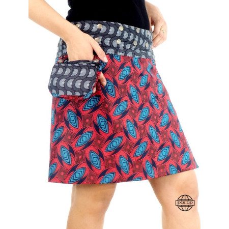 jupe coton taille unique ceinture amovible zippée, jupe convertible réversible à motif à abstrait rouge
