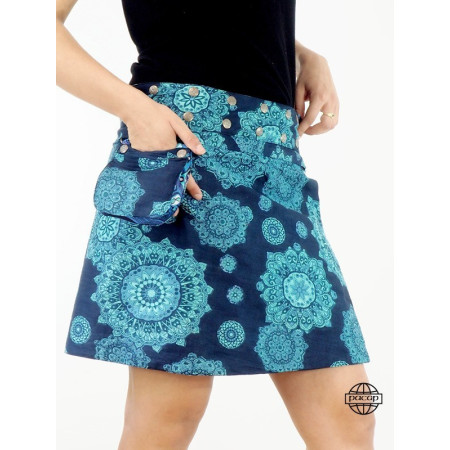 jupe été transformable ave pochette ceinture imprimé ethnique avec boutons pression, jupe portefeuille bleue