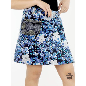 jupe été transformable ave pochette ceinture imprimé avec boutons pression, jupe portefeuille bleue imprimé floral