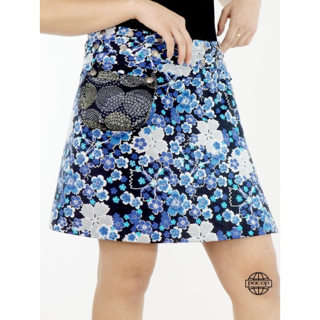 jupe été transformable ave pochette ceinture imprimé avec boutons pression, jupe portefeuille bleue imprimé floral