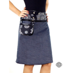 Jupe "Longue" Jeans Bleu Zippée Taille Réglable Imprimé Mandala - G...