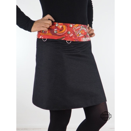 jupe jean bleu/noir, jupe zippée, jupe ceinture amovible, jupe fendue, jupe femme, jupe trapèze