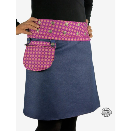 Jupe Jean Coupe Trapèze Réversible et Zippée Ceinture Boutonnée Dét...