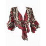 Haut noir cache-cœur à nouer, manche mi longue à volants, imprimée fleurs rouge et motif pois, col v, viscose