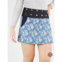 Mini Jupe sport taille Réglable en Jean noir Réversible avec Imprimé Fleurs coupe droite portefeuille fendue poches et bouton