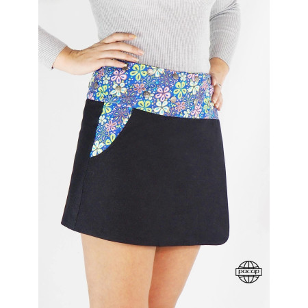 mini Jupe jean noir uni sexy coupe originale réversible avec poche tombe mi-cuisse ceinture plate taille haute