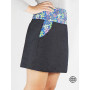 Mini jupe noire jean poche italienne imprimé coton violet à fleurs , taille fine, haute, bouton presion