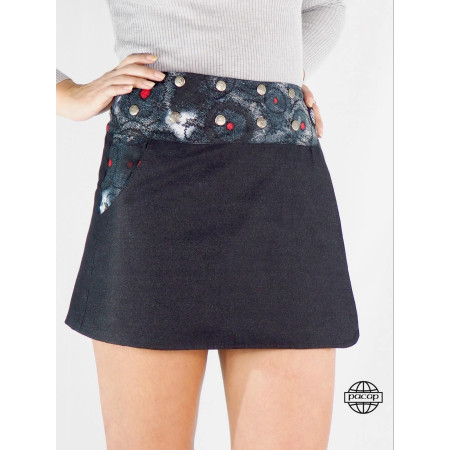 Mini Jupe vintage jean noire unicolore portefeuille Taille Unique ajustable pour femme avec poche cachée