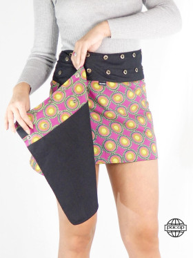 mini Jupe ethnique réversible taille Réglable pour femme en Jean noire avec Boutons à Pression Ceinture Large