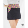 mini jupe sexy en jean noir uni réversible pour femme motif ethnique à pois, poche italienne, ceinture plate bouton devant
