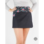 Jupe courte jean noir ceinture ajustable motif floral, jean unicolore, ventre plat, jupe sombre, jupe chic noire