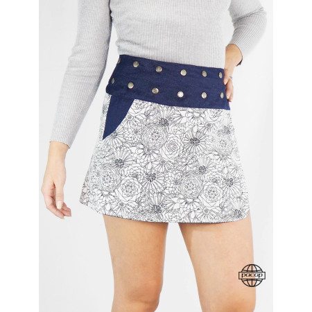 mini Jupe courte blanche sport Droite Portefeuille coton Imprimé floral noir Ceinture jean poche bouton Taille Unique