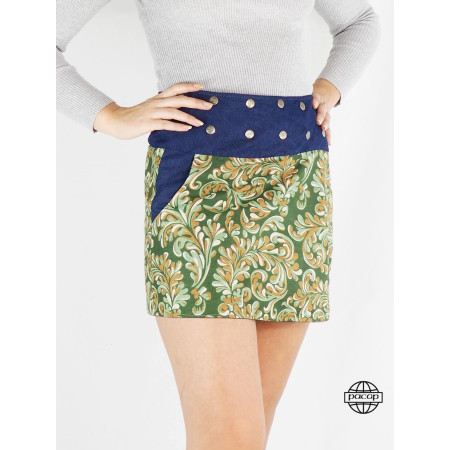 mini Jupe portefeuille courte droite en jean réversible pour femme Coton Imprimé motif vert à fleurs