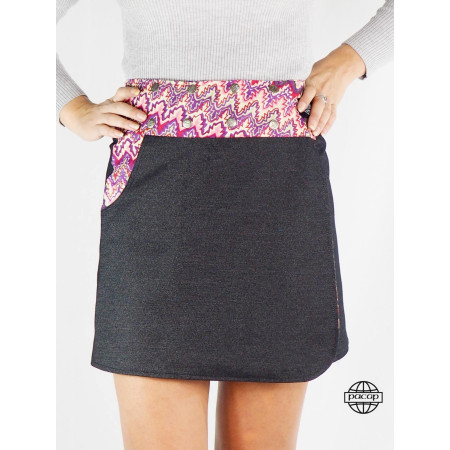 Jupe jean noir à Boutons pour Femme Réversible coupe portefeuille Ouverture laterale sur Coté, avec poche