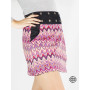 Jupe genoux rose portefeuille ceinture boutonnée motif psychédélique abstrait, zigzag réversible, droite, taille haute.