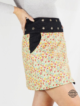 jupe liberty jaune avec poche en jean noir pour femme, taille boutonnée, jupe jaune, jupe a fleurs