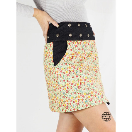 jupe liberty jaune avec poche en jean noir pour femme, taille boutonnée, jupe jaune, jupe a fleurs