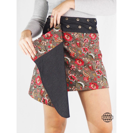 jupe jean réversible, doublure marron imprimé a fleurs, jupe wrap fendue, ouverture latérale, jupe ajustable, jupe trapèze