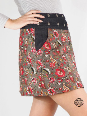 jupe marron avec poche, jupe ceinture plate bouton devant, jupe femme taille haute, jupe motif floral, jupe portefeuille
