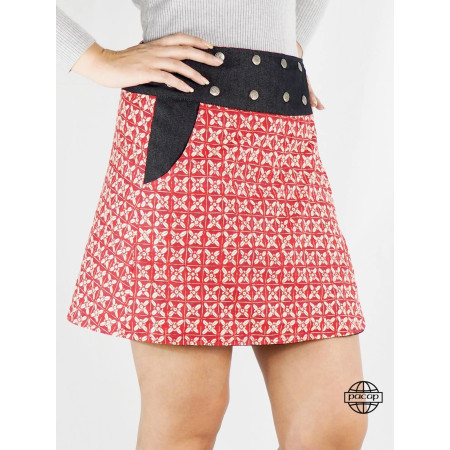 jupe rouge évasée pour femme avec poche, jupe mi-longue, jupe multi-taille haute ajustable, jupe imprimée, jupe boutons
