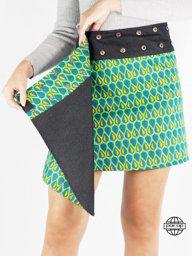 Jupe mi-longue réversible avec poche italienne motif géométrique vert, doublure jean noir unicolore