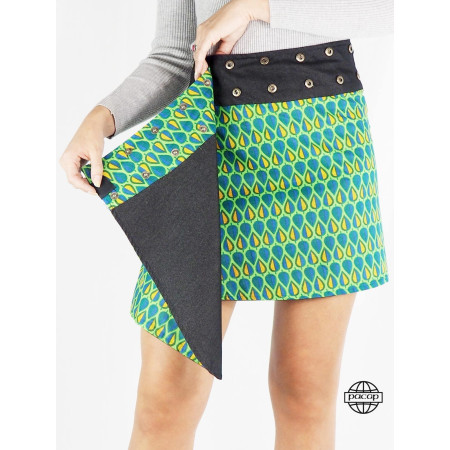 Jupe mi-longue réversible avec poche italienne motif géométrique vert, doublure jean noir unicolore