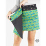 Jupe mi-longue réversible avec poche italienne motif géométrique vert, doublure jean noir unicolore