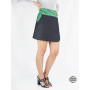 Jupe genoux femme en jean noir unicolore ceinture boutonnée motif géométrique vert avec poche, jupe portefeuille