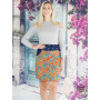 Jupe longue élégante en jean réversible motif floral multicolore, coupe droite, longueur genoux, jupe portefeuille à poche