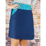 Jupe longue jean bleu unicolore ceinture plate boutonnée motif géométrique, réversible, portefeuille.