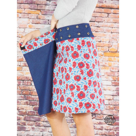 jupe femme réversible, jupe unicolore bouton pression , imprimé florale, jupe ouverte, jupe fendue