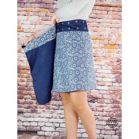 Jupe en jean bleue reversible pour femme doublure imprimé fleurs bleu, elegante, confortable, taille reglable