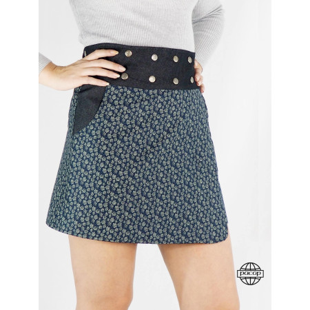 Jupe liberty femme chic bleu marine avec poche coupe Trapèze Réversible Ceinture jean Boutons pressions, jupe élégante noire