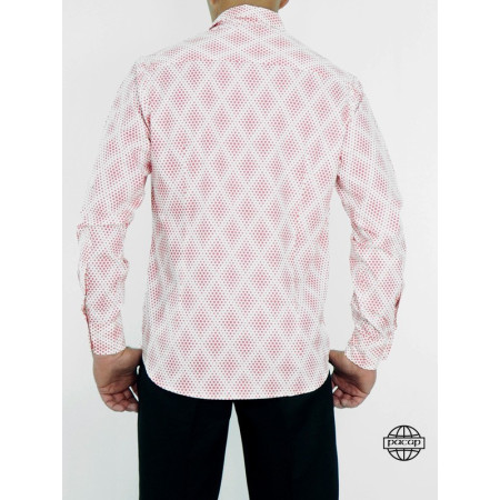 Chemise Blanche Cintrée à Pois Rose Homme Manches Longue Coupe Droite Col Italien 100% Coton Marque Française