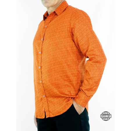 Chemise Classique Orange Motif Maillons Rouges Homme Été Manches Longues Coupe Droite Col Italien Marque Française