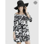 robe volante et plissée a fleurs noires et blanches, robe manche longues pour femme collection été, robe chic, robe ample