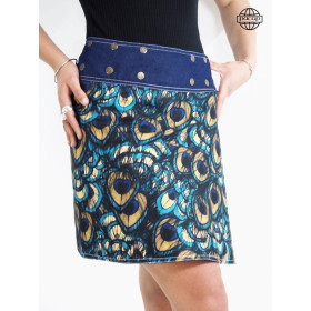 Édition Limitée, Jupe portefeuille Impression Digitale Motif Animalier Plumes de Paon En Jean Bleu